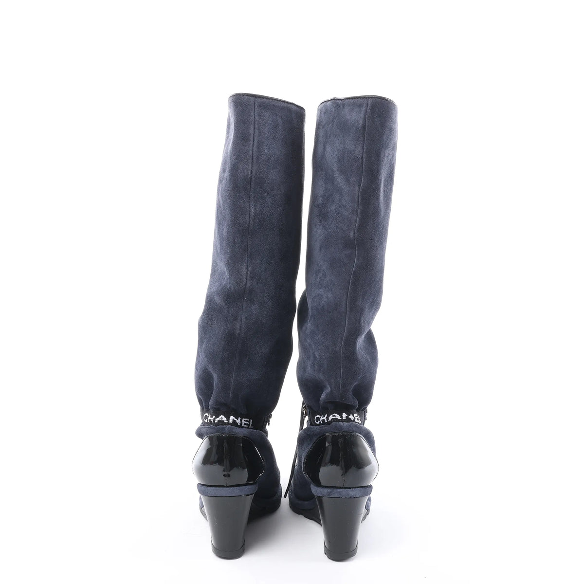 Chanel Suede x Patent Long Boots in Black x Navy G27002, Size 37 EU
