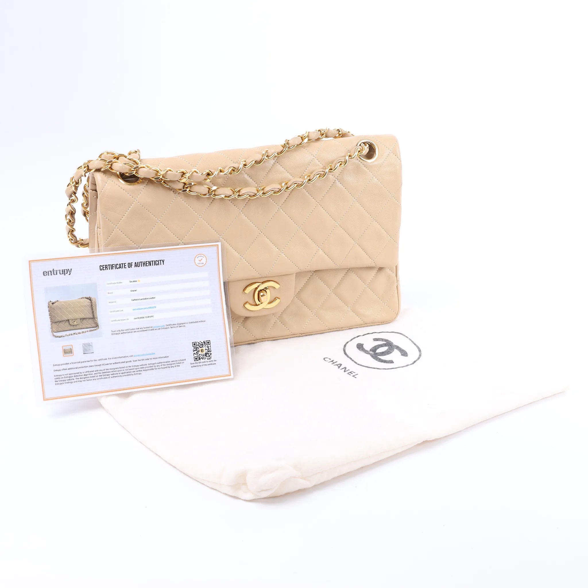 Chanel Classic Matelasse 25 Leather Double Flap Chain Crossbody Bag in Beige