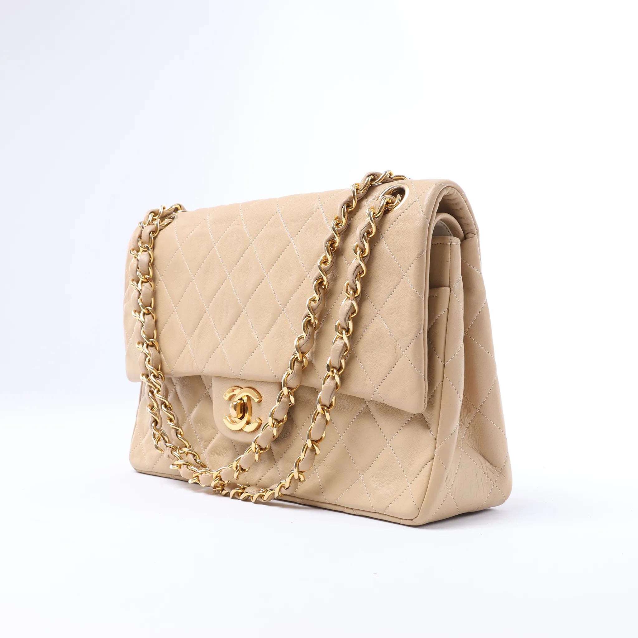 Chanel Classic Matelasse 25 Leather Double Flap Chain Crossbody Bag in Beige