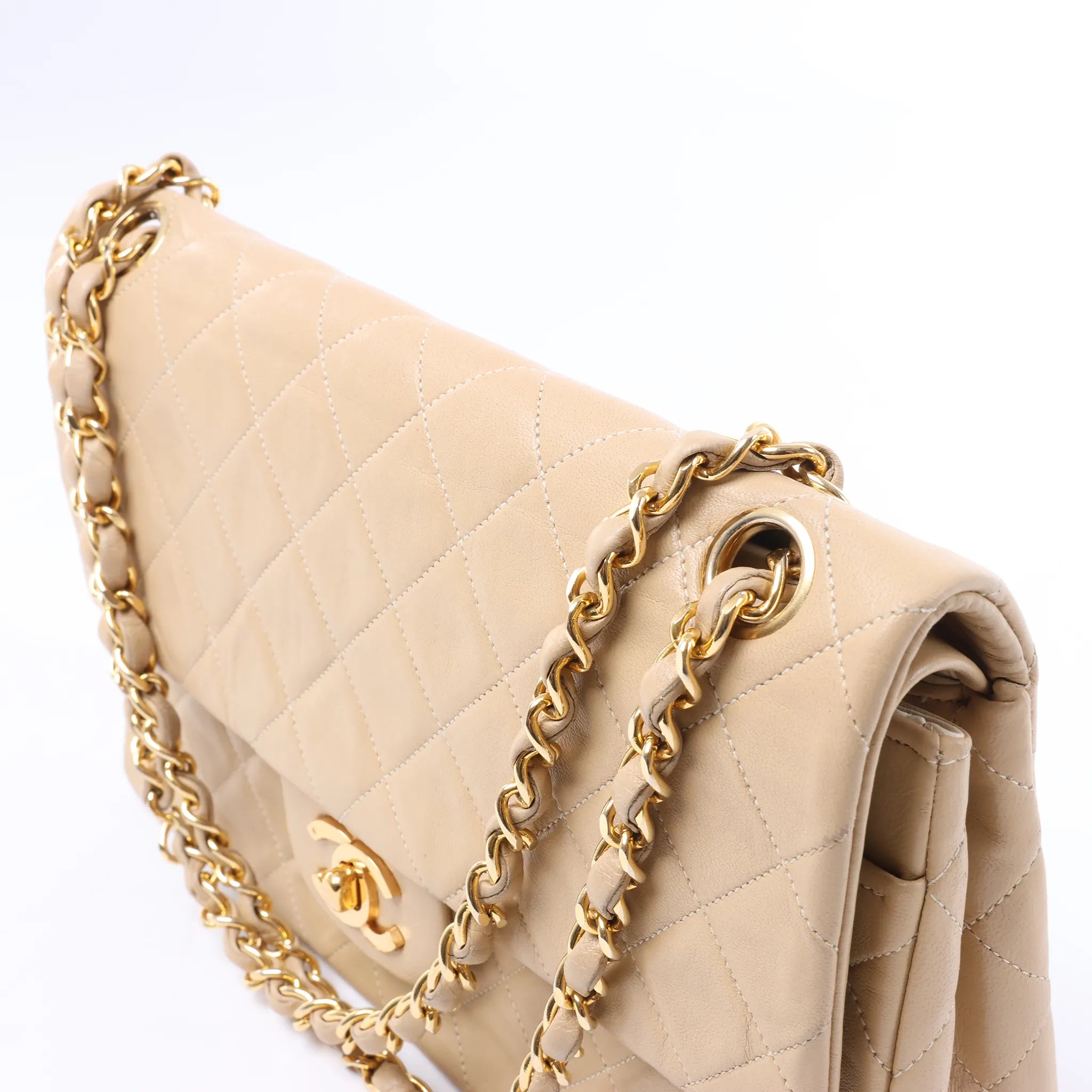 Chanel Classic Matelasse 25 Leather Double Flap Chain Crossbody Bag in Beige