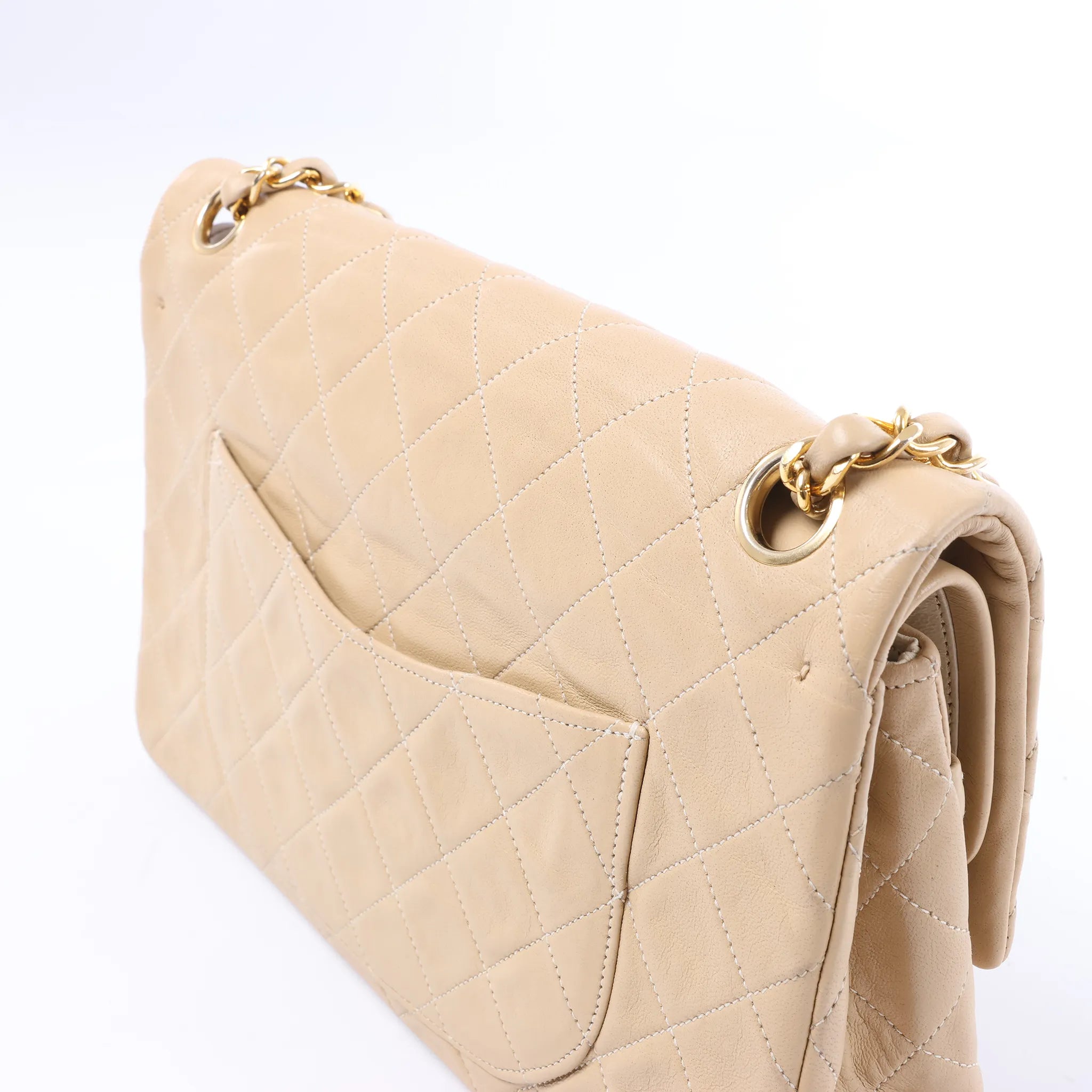 Chanel Classic Matelasse 25 Leather Double Flap Chain Crossbody Bag in Beige