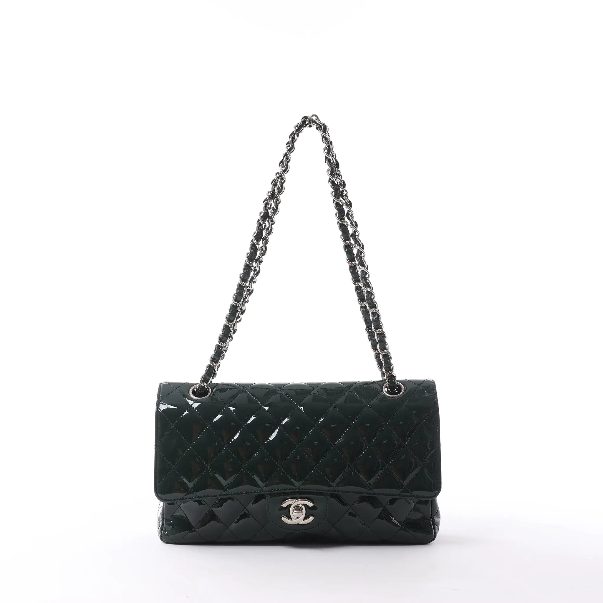 Chanel Classic Matelasse 25 Patent Leather Double Flap Double Chain Shoulder Bag in Green A01112