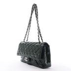 Chanel Classic Matelasse 25 Patent Leather Double Flap Double Chain Shoulder Bag in Green A01112