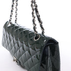 Chanel Classic Matelasse 25 Patent Leather Double Flap Double Chain Shoulder Bag in Green A01112