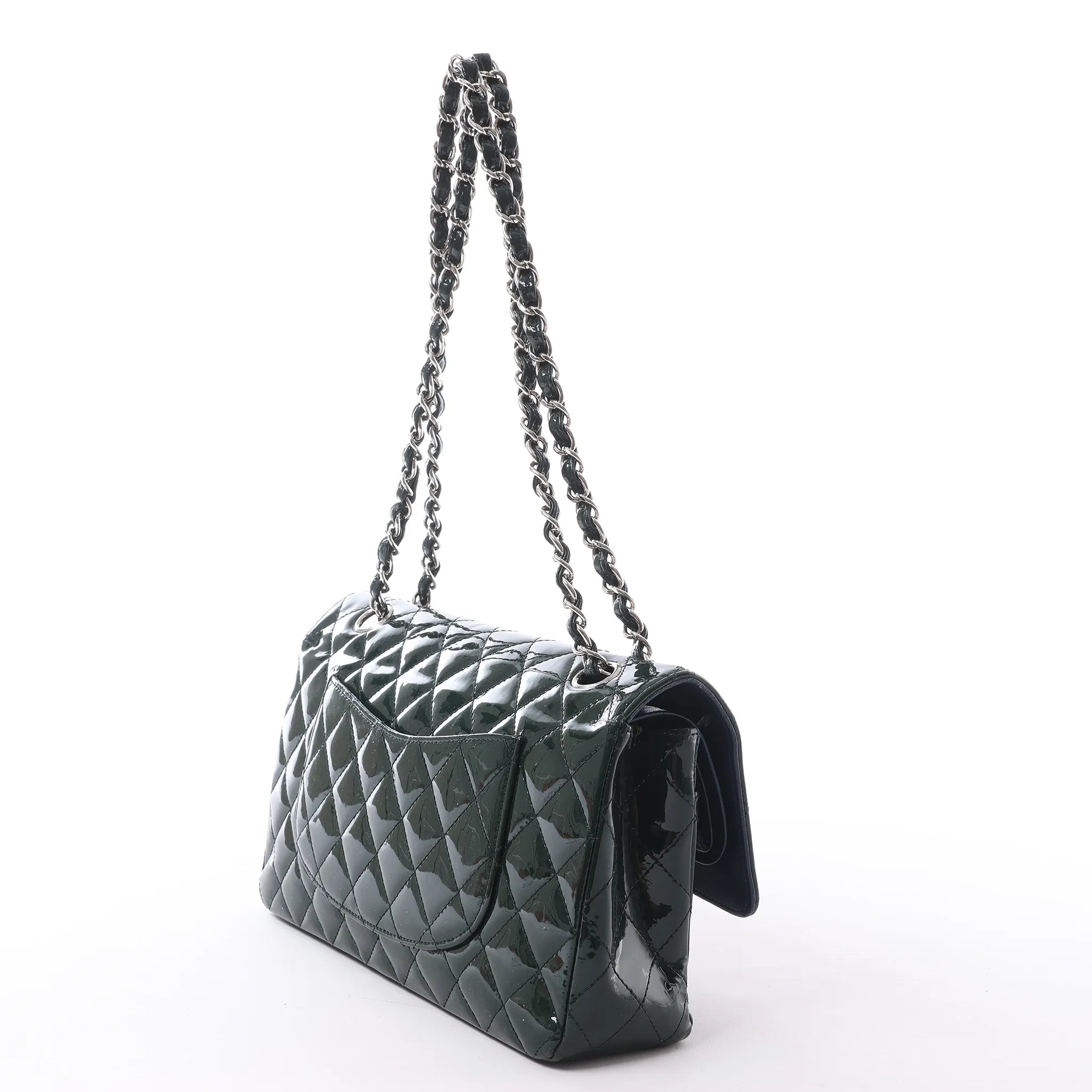 Chanel Classic Matelasse 25 Patent Leather Double Flap Double Chain Shoulder Bag in Green A01112