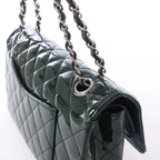 Chanel Classic Matelasse 25 Patent Leather Double Flap Double Chain Shoulder Bag in Green A01112
