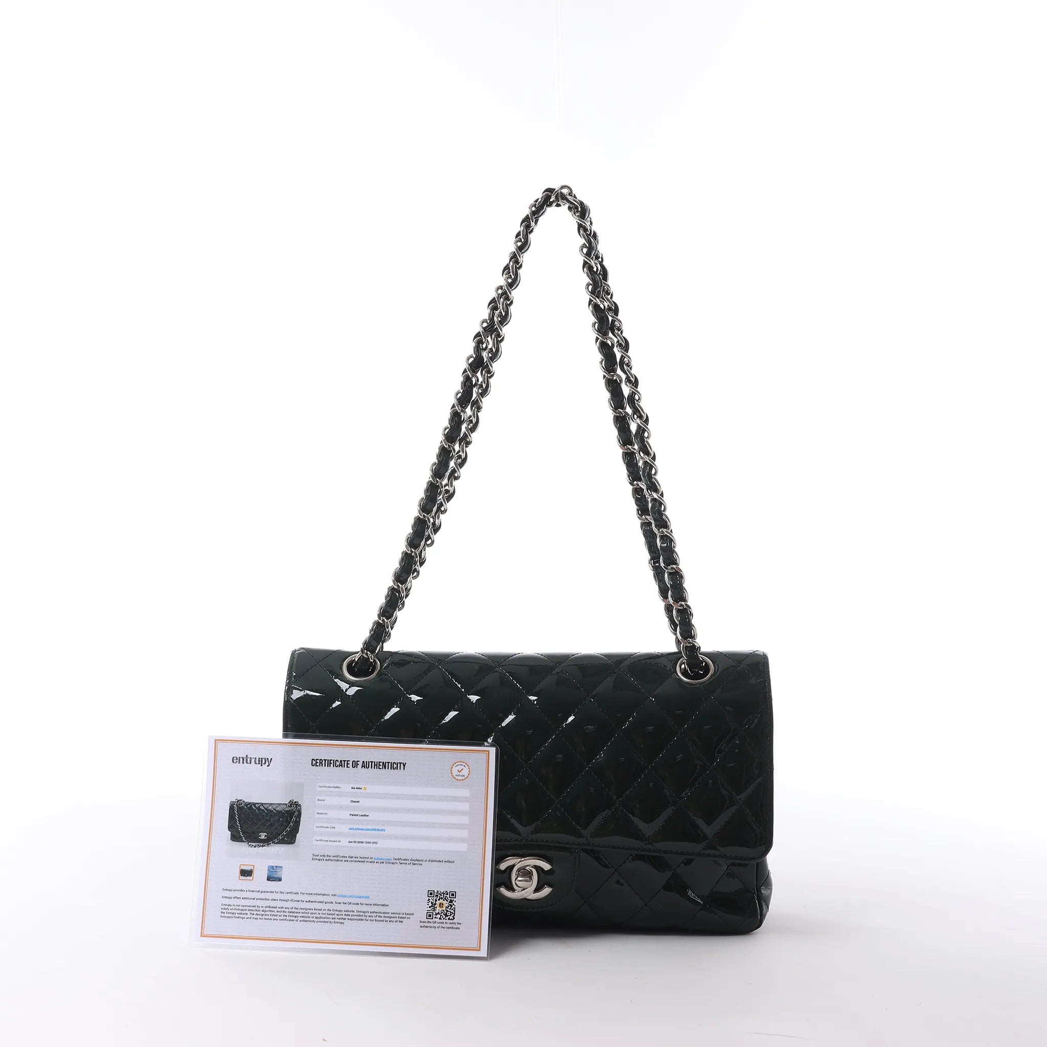 Chanel Classic Matelasse 25 Patent Leather Double Flap Double Chain Shoulder Bag in Green A01112