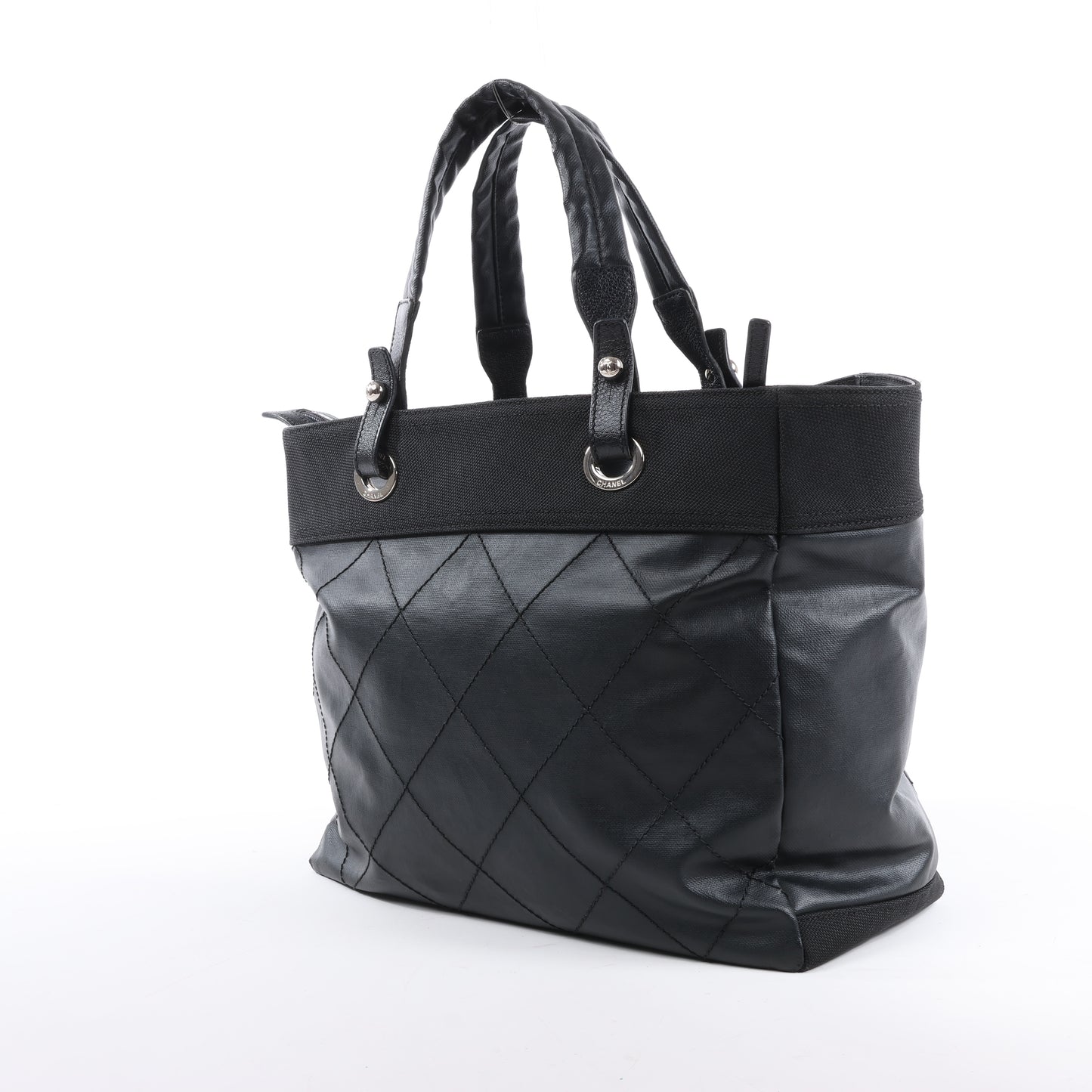 Chanel Paris Biarritz MM Coating Canvas Shoulder Bag in Black