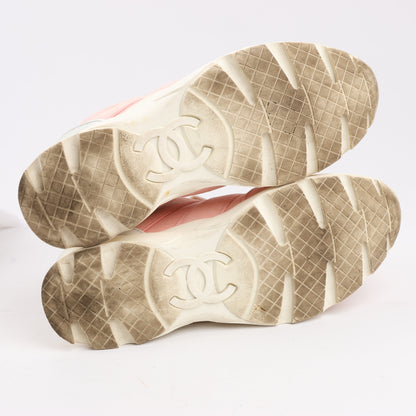 CHANEL Pink Canvas And White Leather CC Lace Up Sneakers, Size 38.5 EU