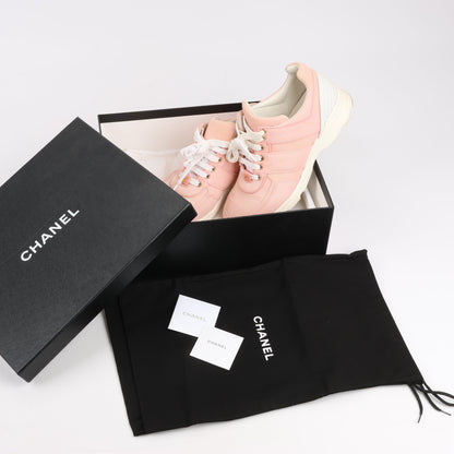 CHANEL Pink Canvas And White Leather CC Lace Up Sneakers, Size 38.5 EU
