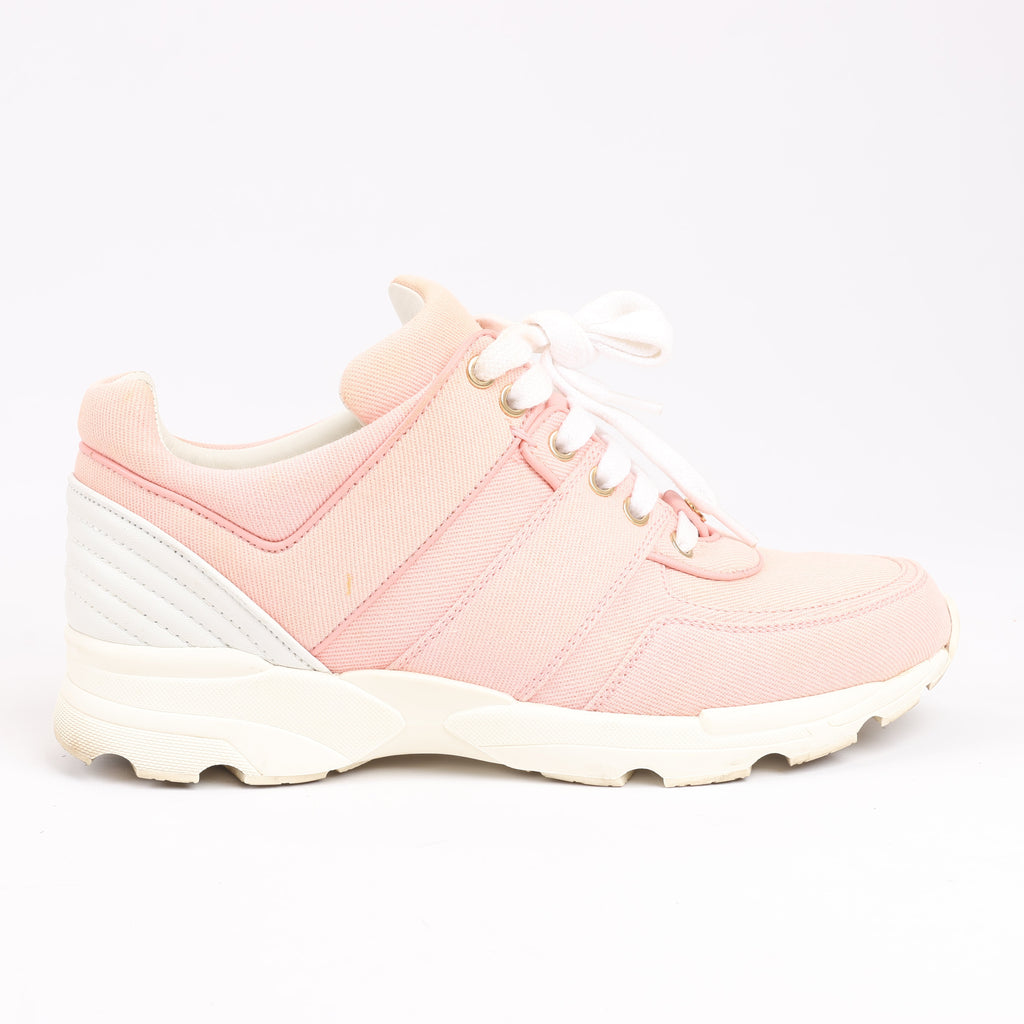 CHANEL Pink Canvas And White Leather CC Lace Up Sneakers, Size 38.5 EU