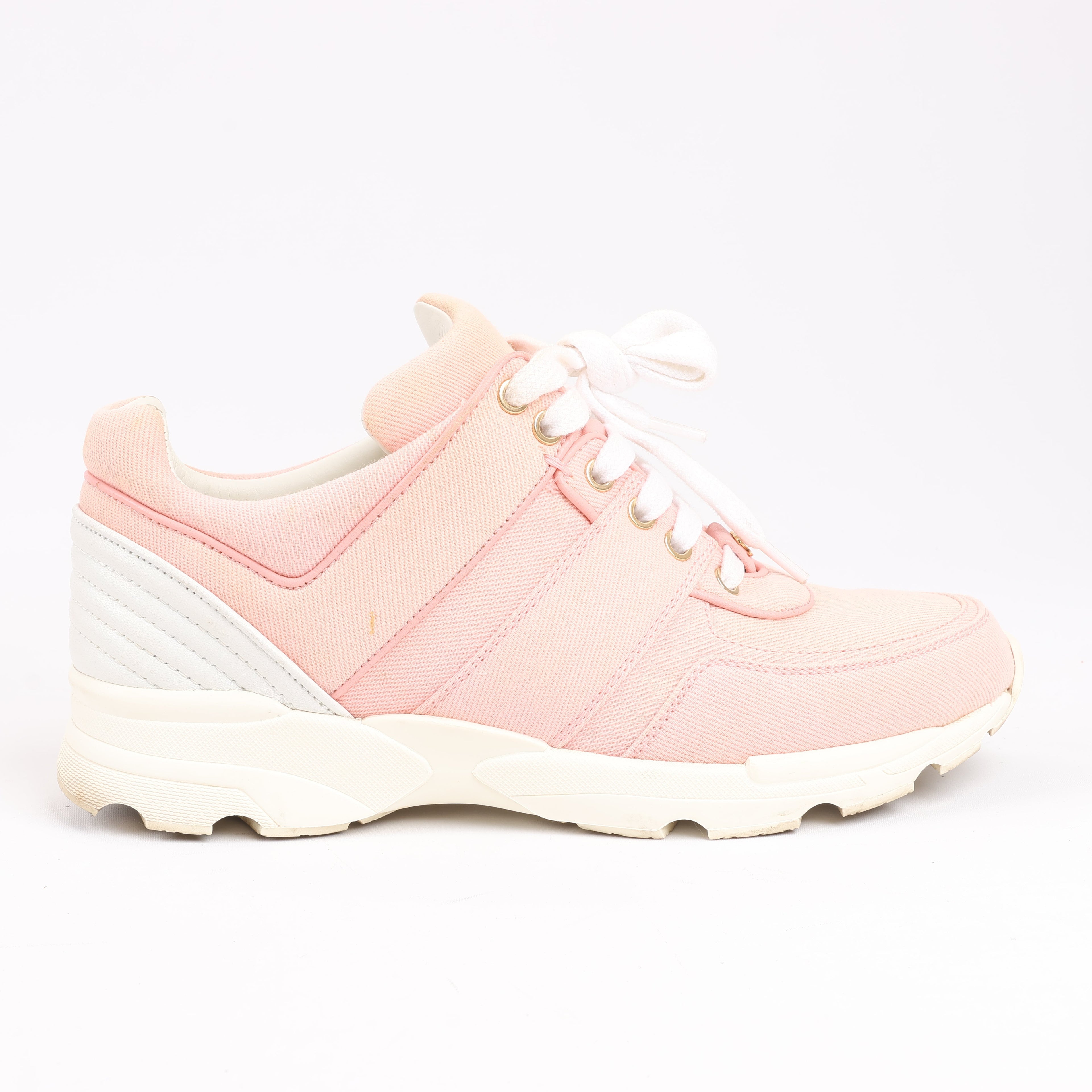 CHANEL Pink Canvas And White Leather CC Lace Up Sneakers, Size 38.5 EU