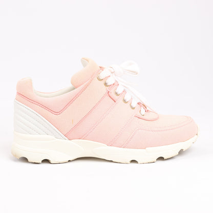 CHANEL Pink Canvas And White Leather CC Lace Up Sneakers, Size 38.5 EU