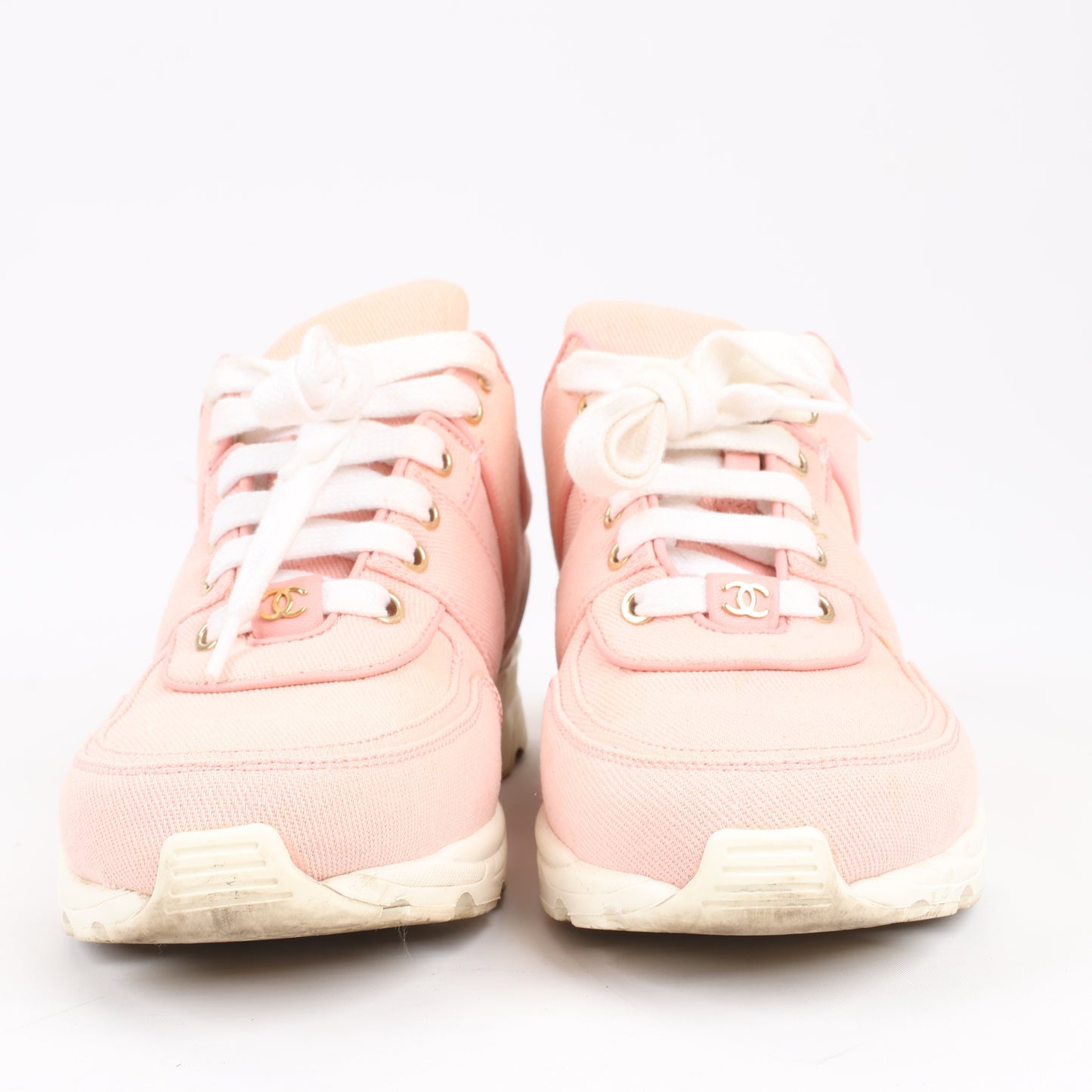 CHANEL Pink Canvas And White Leather CC Lace Up Sneakers, Size 38.5 EU