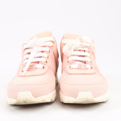 CHANEL Pink Canvas And White Leather CC Lace Up Sneakers, Size 38.5 EU