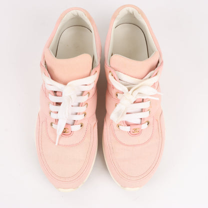 CHANEL Pink Canvas And White Leather CC Lace Up Sneakers, Size 38.5 EU