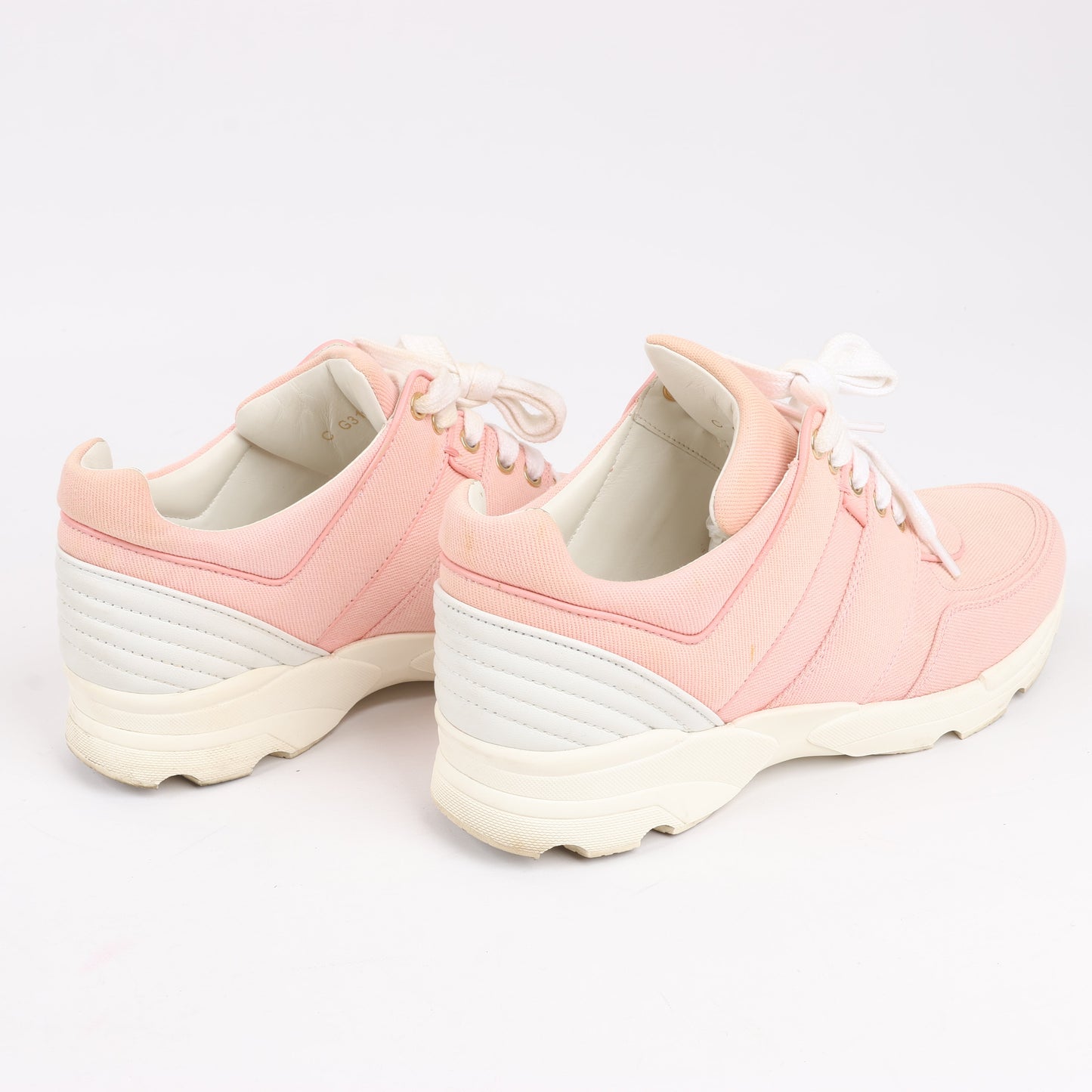 CHANEL Pink Canvas And White Leather CC Lace Up Sneakers, Size 38.5 EU
