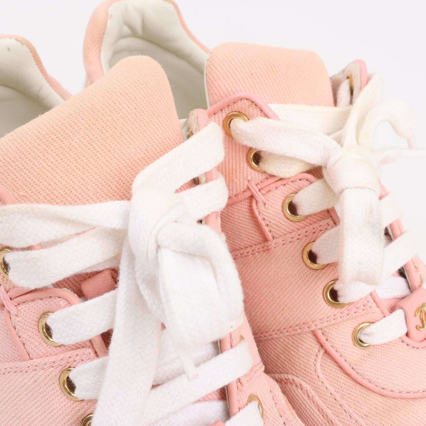 CHANEL Pink Canvas And White Leather CC Lace Up Sneakers, Size 38.5 EU