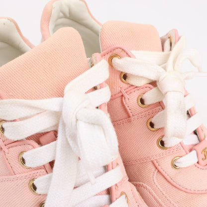 CHANEL Pink Canvas And White Leather CC Lace Up Sneakers, Size 38.5 EU