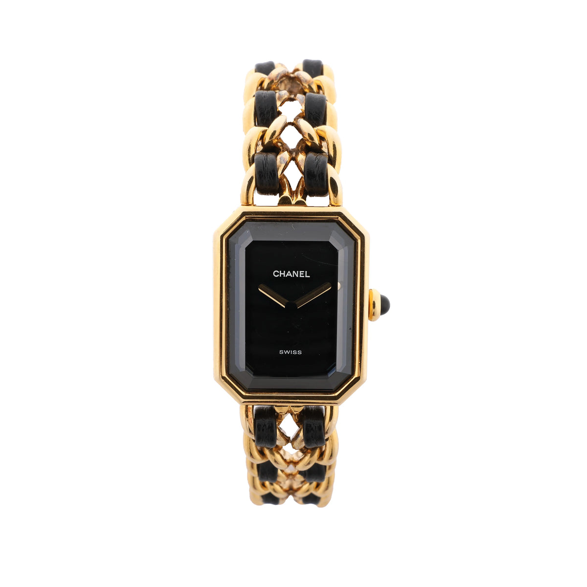 Chanel Première watch with rectangular black dial, gold-tone geometric case and chain bracelet woven with black leather.