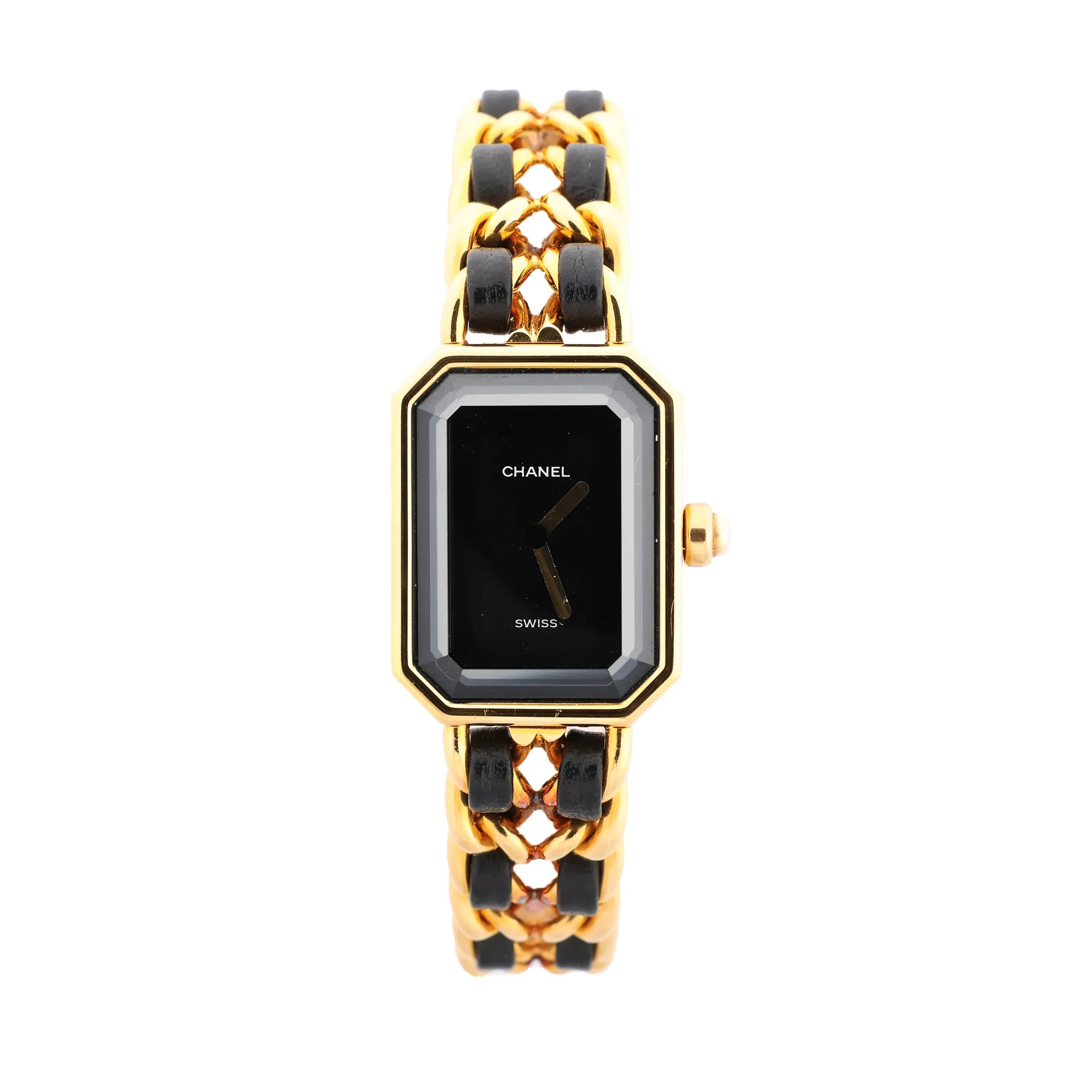Front view of Chanel Première L watch with black dial, gold-tone rectangular octagonal bezel, and gold chain bracelet interwoven with black leather.