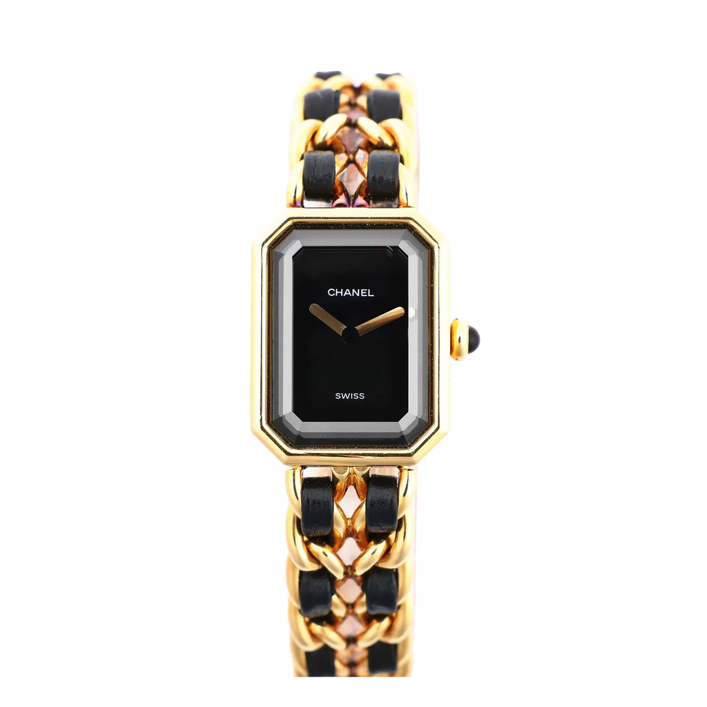 Chanel Première M H6951 quartz watch with black rectangular dial, gold-plated bezel, and interwoven black leather and gold chain bracelet, displayed on a white background.