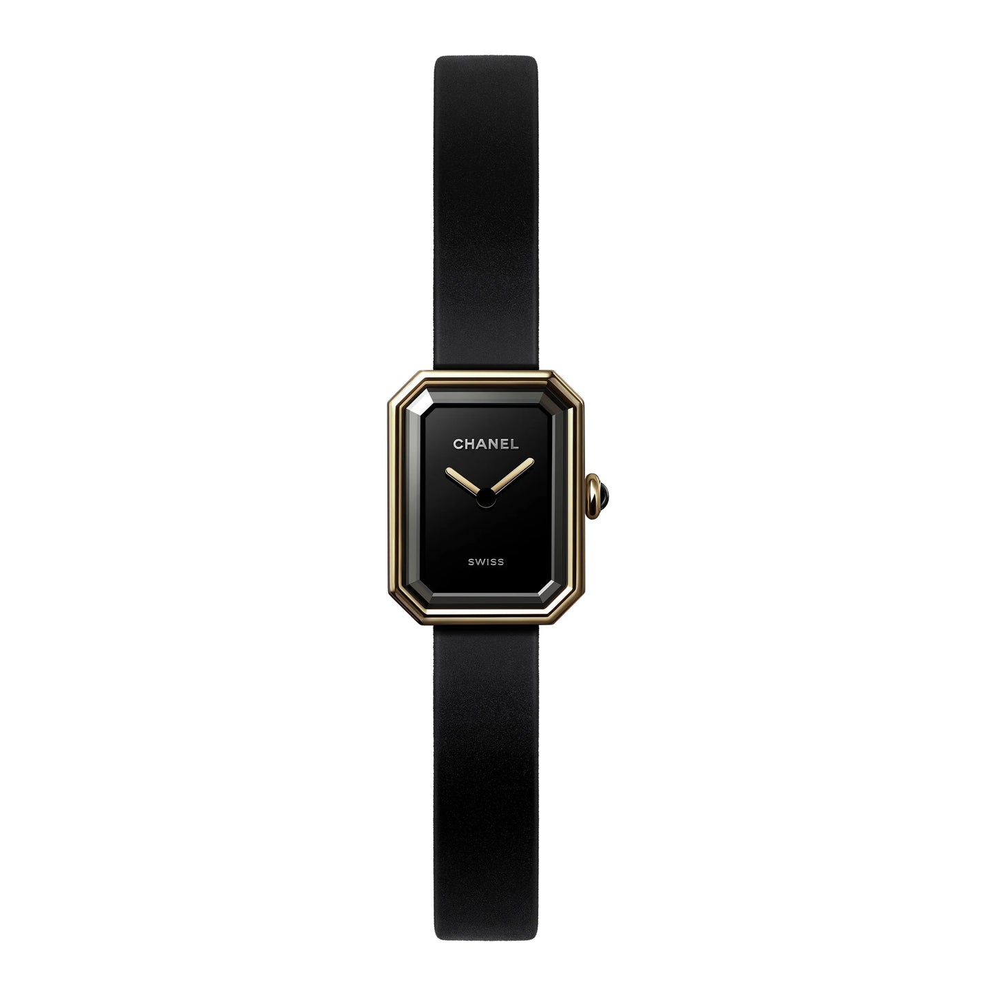 Front view of a Chanel Première H6125 watch featuring a black octagonal dial, 18K yellow gold titanium case, gold-tone hands, and a slim black rubber strap.