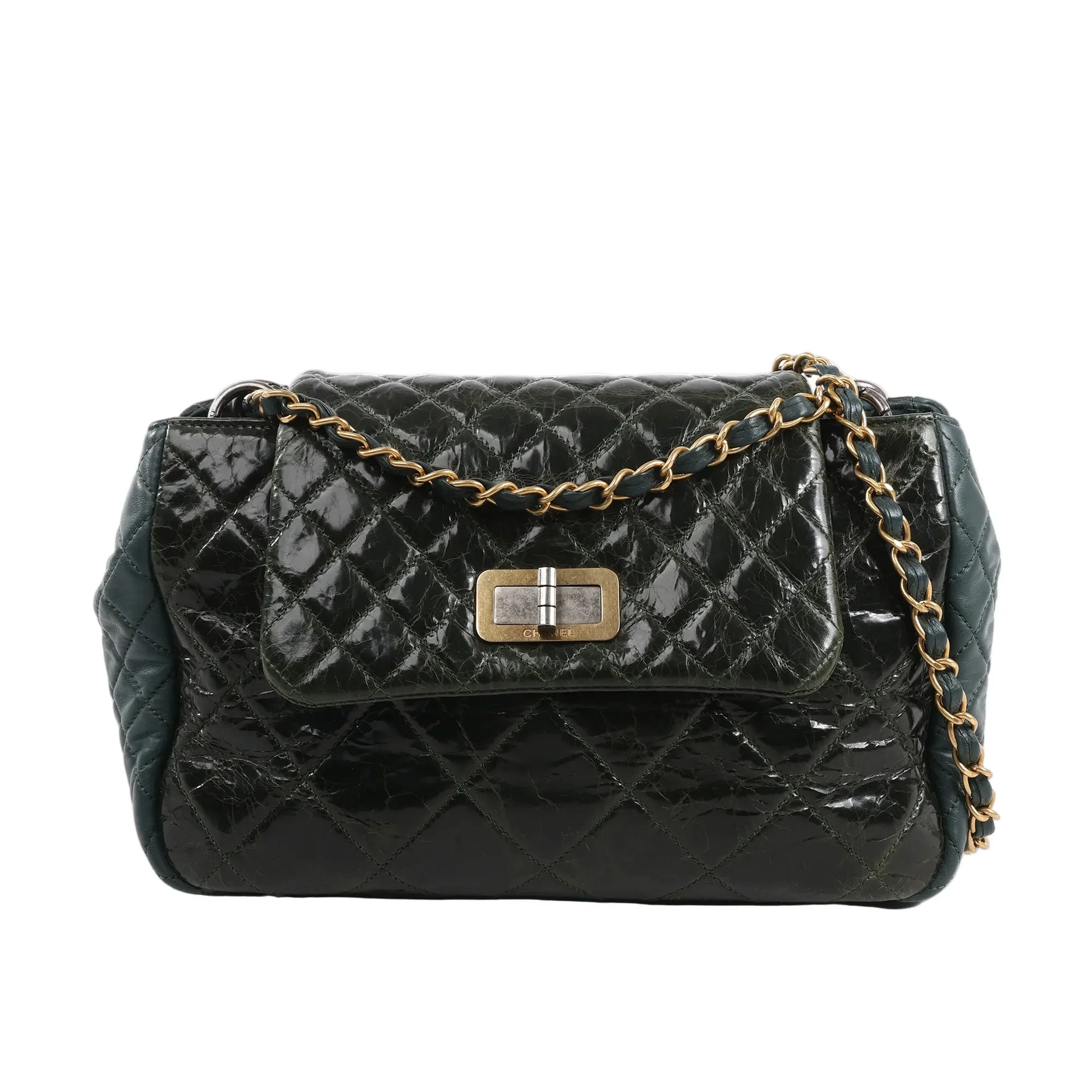 Chanel Reissue Accordion Shoulder Bag in green quilted leather mix with flap closure, aged gold-tone chain and turn-lock clasp, displayed against a white background.