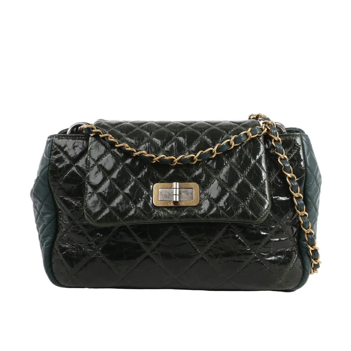 Chanel Reissue Accordion Shoulder Bag in green quilted leather mix with flap closure, aged gold-tone chain and turn-lock clasp, displayed against a white background.