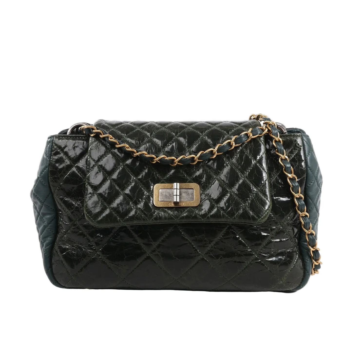 Chanel Reissue Accordion Shoulder Bag in green quilted leather mix with flap closure, aged gold-tone chain and turn-lock clasp, displayed against a white background.