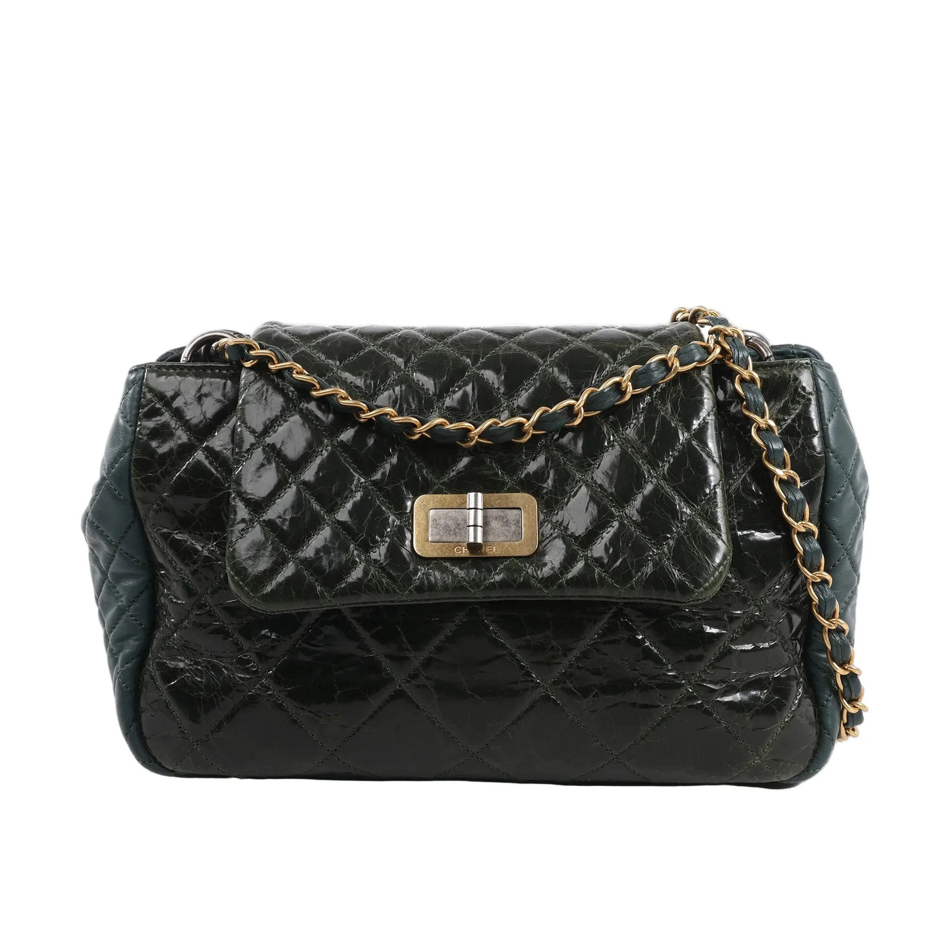 Chanel Reissue Accordion Shoulder Bag in green quilted leather mix with flap closure, aged gold-tone chain and turn-lock clasp, displayed against a white background.