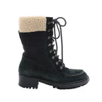 Chanel black suede lace-up boot with cream shearling cuff, metal eyelets and hook hardware, chunky lug sole, side view on white background