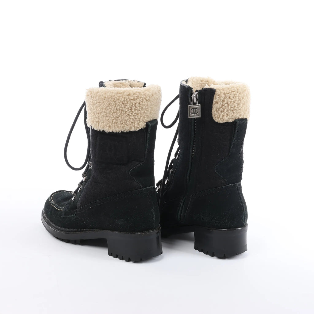 Chanel Sports Suede Leather Shearling Boots in Black G26245, Size 35.5 EU