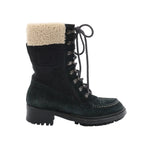 Chanel black suede lace-up boot with cream shearling cuff, metal eyelets and hook hardware, chunky lug sole, side view on white background