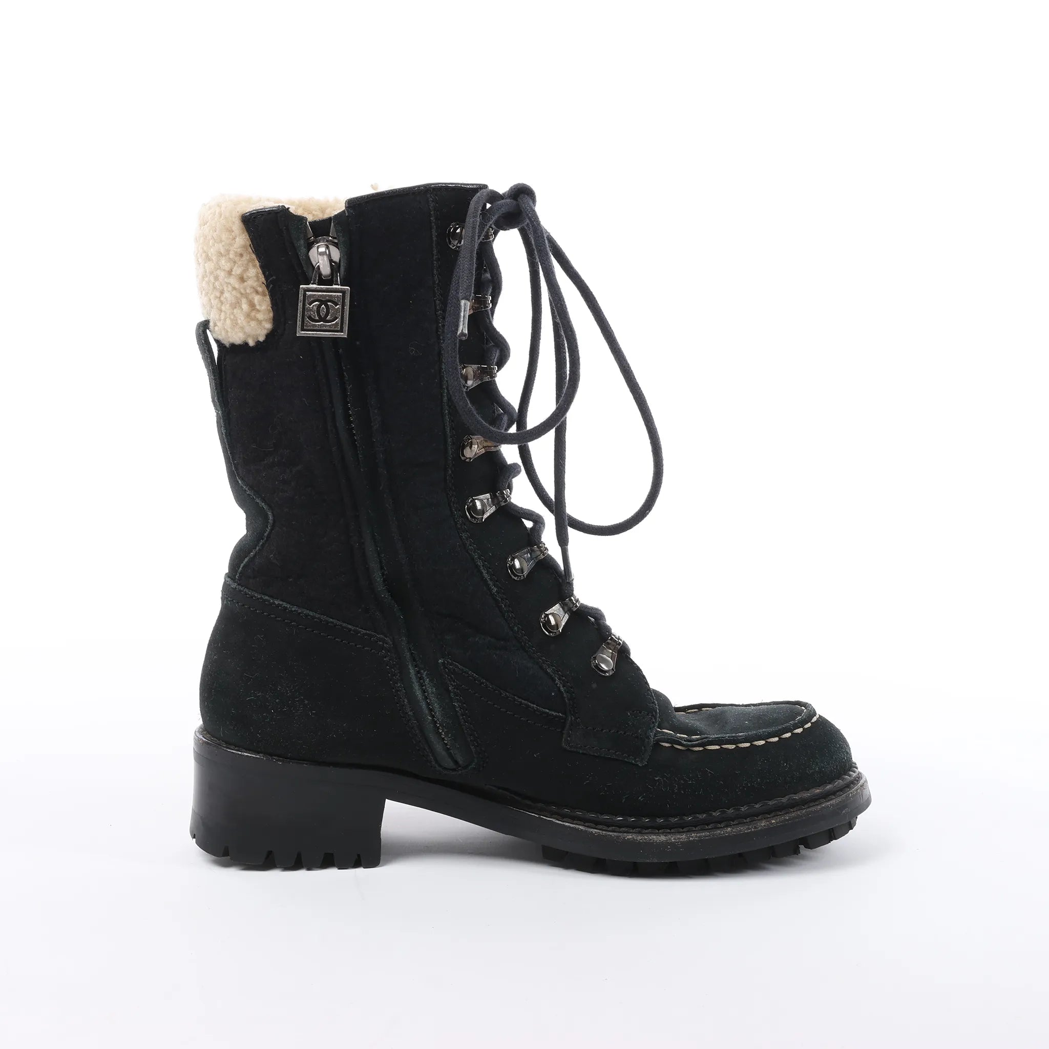 Chanel Sports Suede Leather Shearling Boots in Black G26245, Size 35.5 EU
