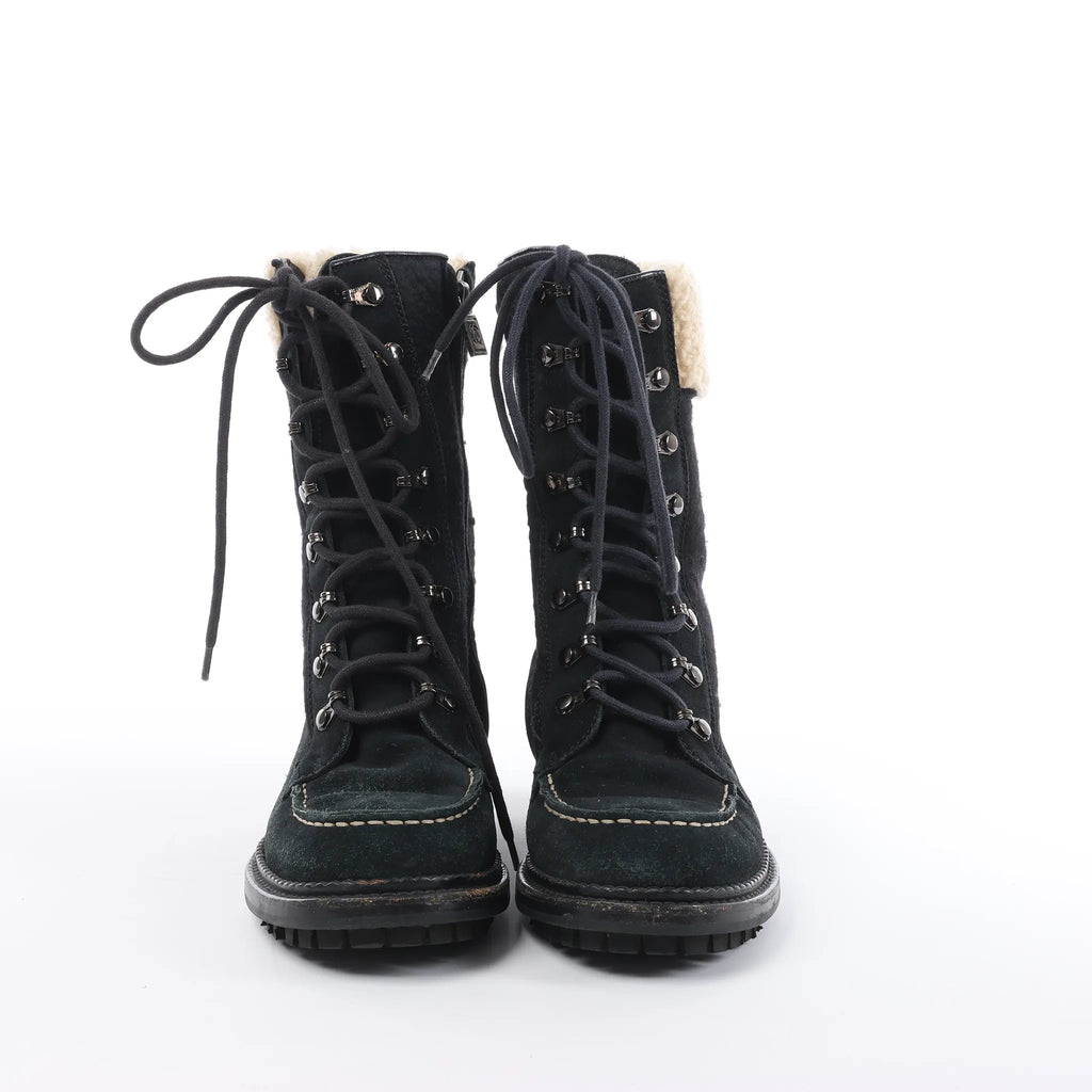 Chanel Sports Suede Leather Shearling Boots in Black G26245, Size 35.5 EU
