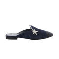 Chanel navy suede mule with black toe cap, rhinestone star embellishment, and low black heel, shown in side profile.