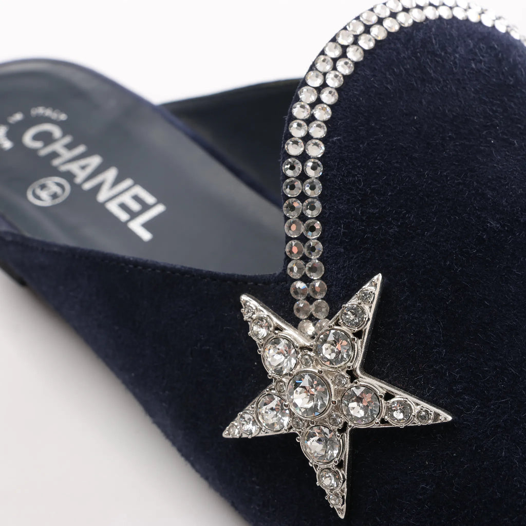 Chanel Star Rhinestone Suede x Fabric Mule in Navy x Black G35835, Size 41 EU