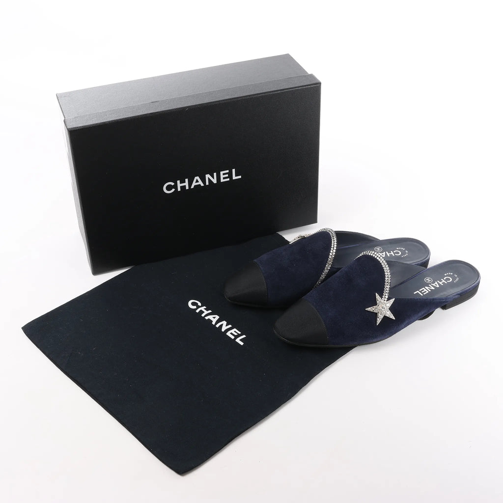 Chanel Star Rhinestone Suede x Fabric Mule in Navy x Black G35835, Size 41 EU
