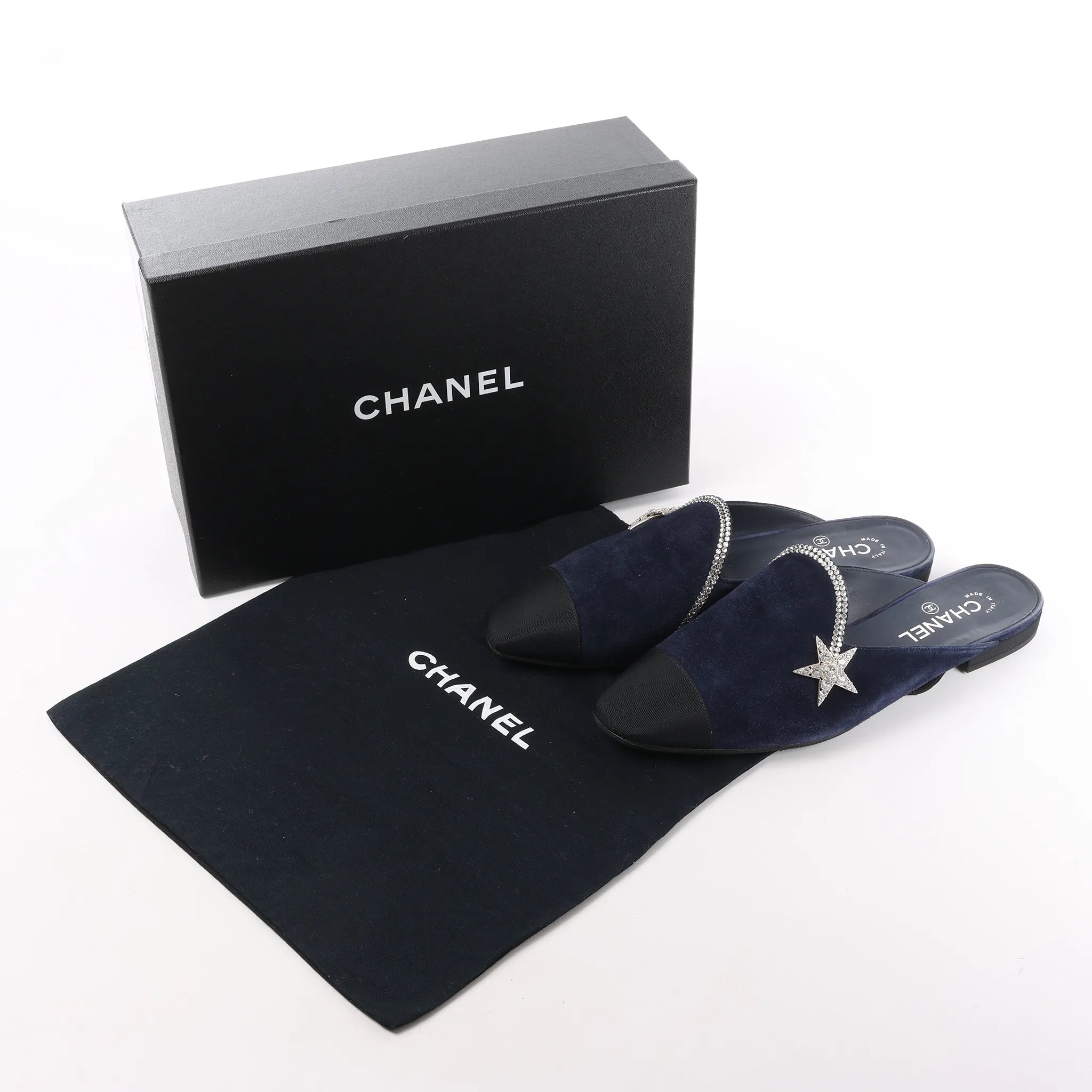 Chanel Star Rhinestone Suede x Fabric Mule in Navy x Black G35835, Size 41 EU