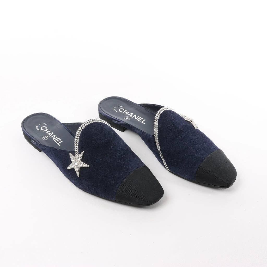 Chanel Star Rhinestone Suede x Fabric Mule in Navy x Black G35835, Size 41 EU