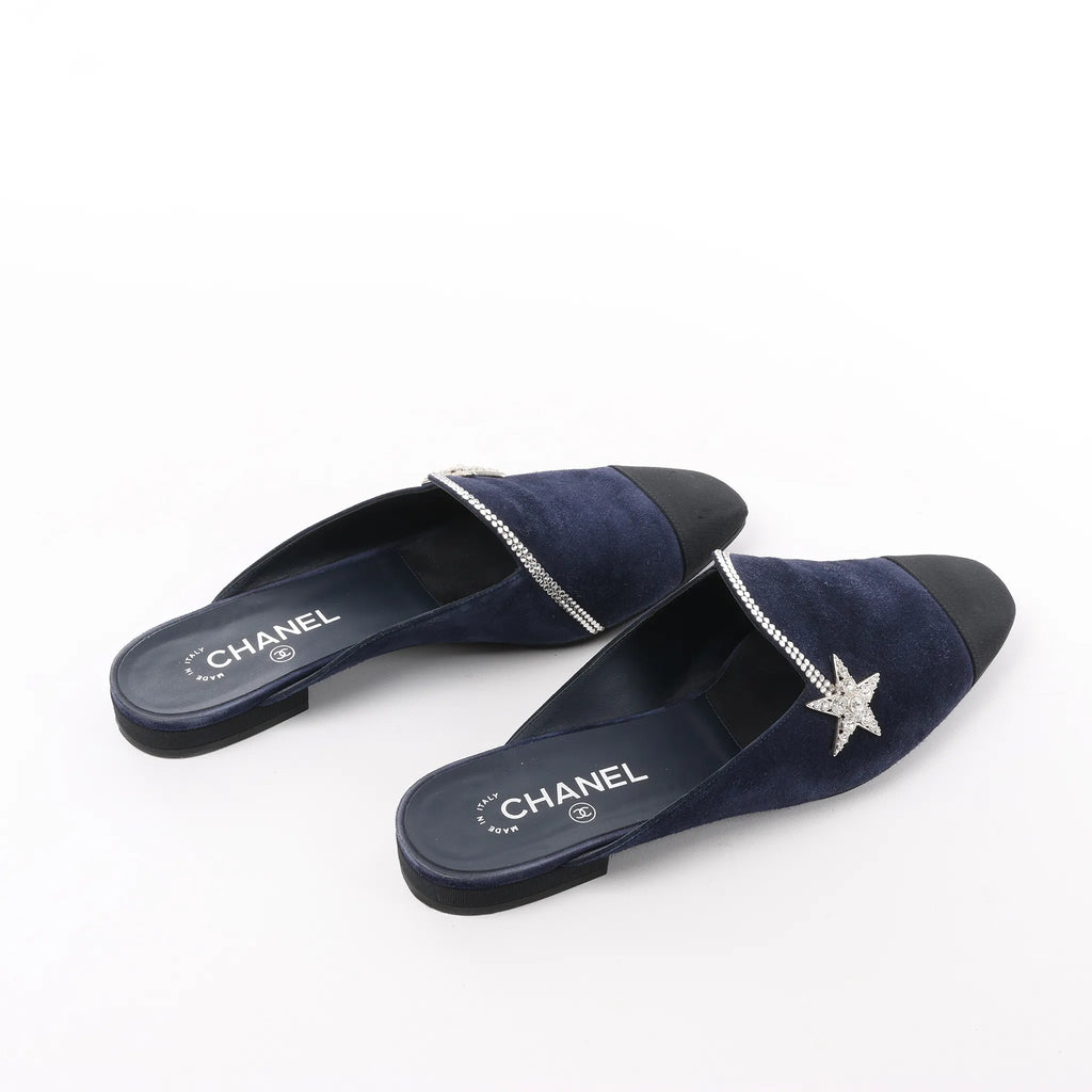 Chanel Star Rhinestone Suede x Fabric Mule in Navy x Black G35835, Size 41 EU