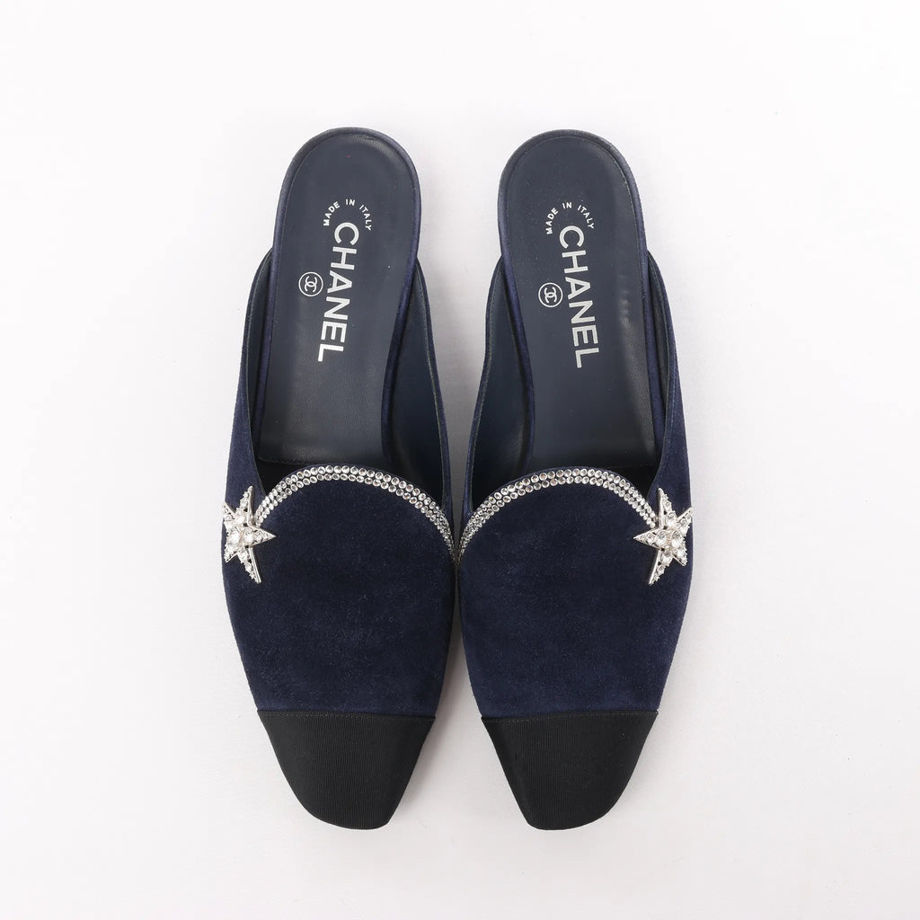 Chanel Star Rhinestone Suede x Fabric Mule in Navy x Black G35835, Size 41 EU