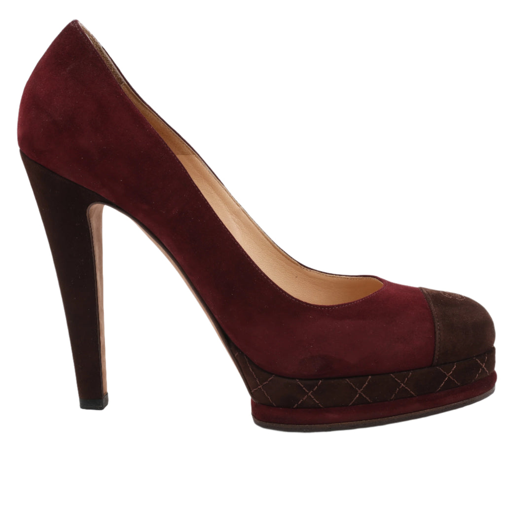 Chanel Burgundy/Brown Suede CC Cap Toe Platform Heel Pumps, Size 40.5 EU