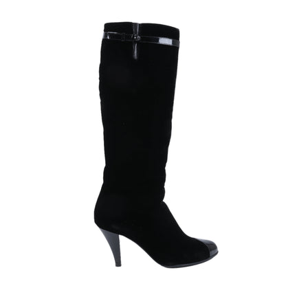Chanel Coco Mark Velour Long Boots in Black, Size 37.5 EU