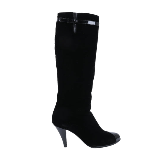 Chanel Coco Mark Velour Long Boots in Black, Size 37.5 EU