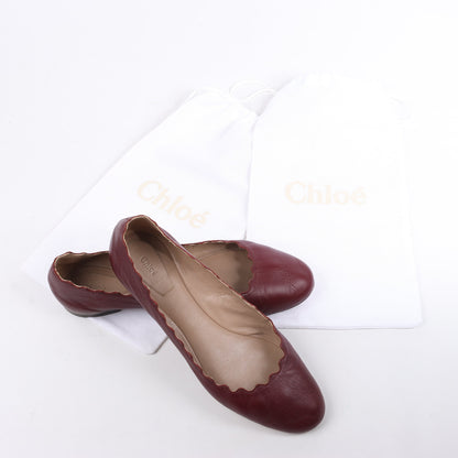 Chloe Leather Scalloped Ballet Flats in Burgundy, Size 38