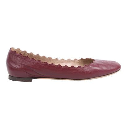 Chloe Leather Scalloped Ballet Flats in Burgundy, Size 38