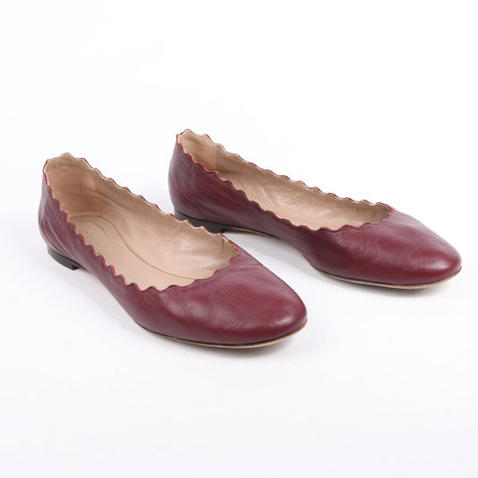 Chloe Leather Scalloped Ballet Flats in Burgundy, Size 38