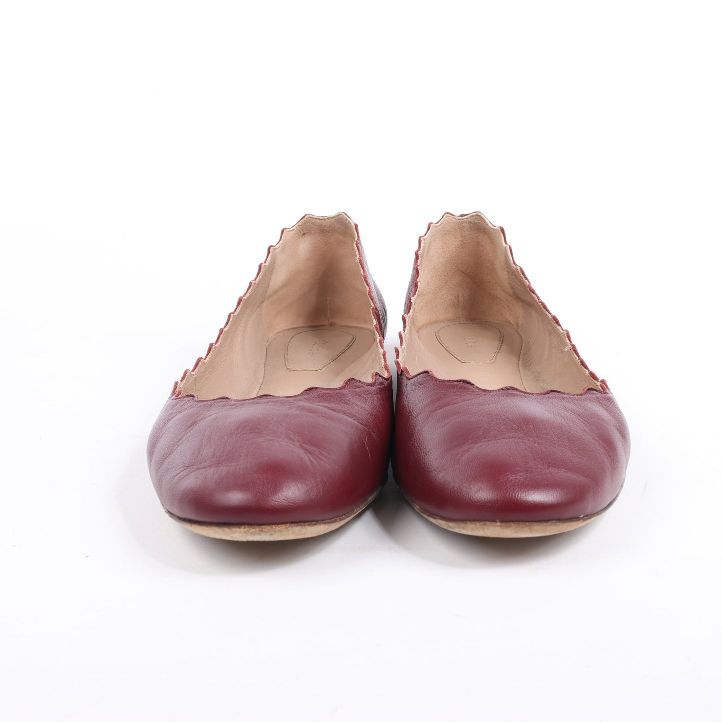 Chloe Leather Scalloped Ballet Flats in Burgundy, Size 38